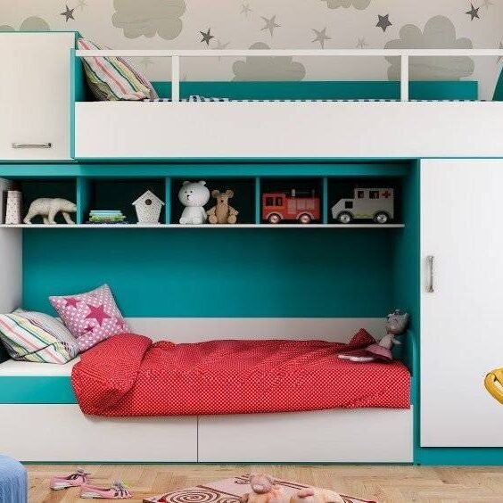 kids bedroom design in modern eclectic style with bunk beds