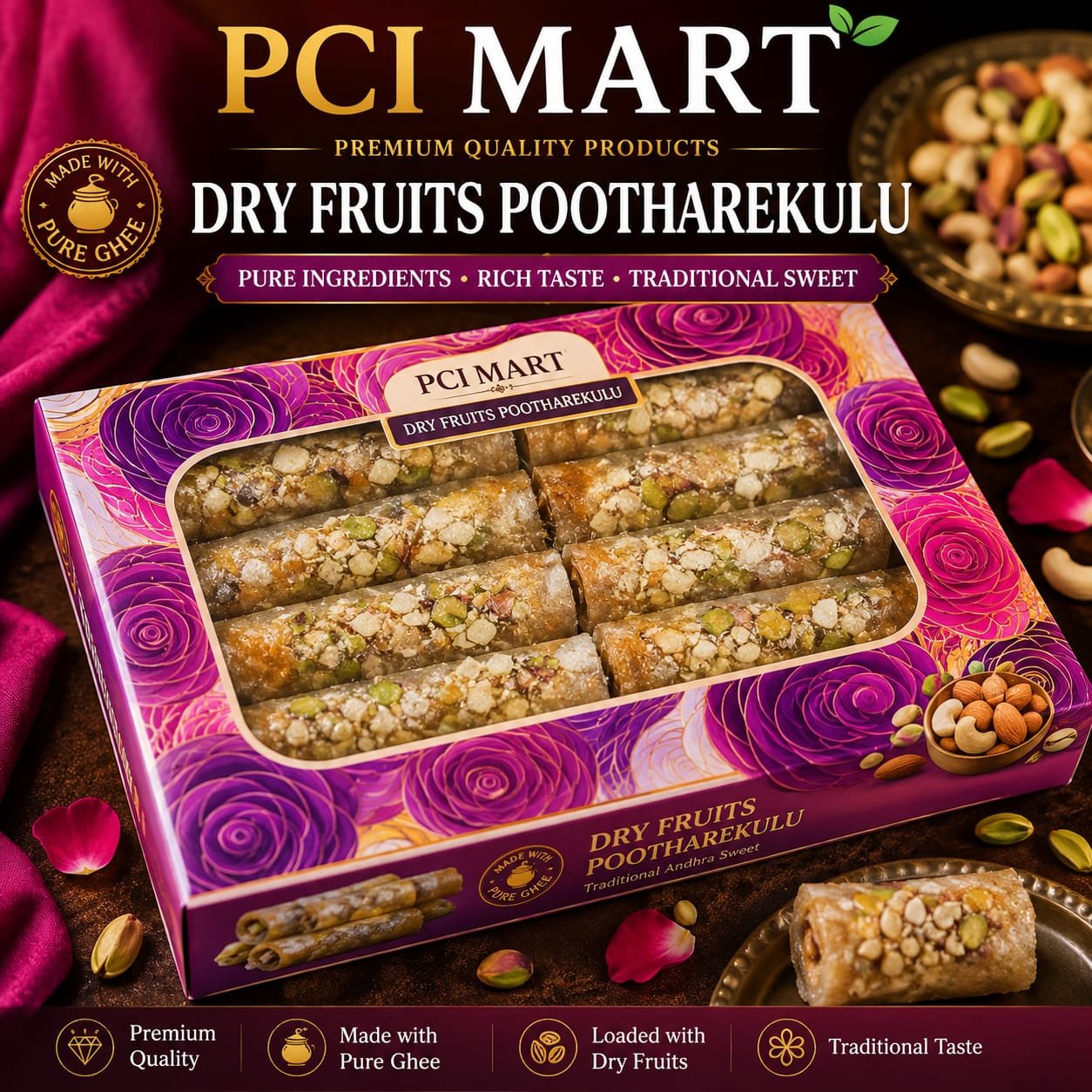 Home dryfruits bellam pootharekulu (5 pieces)